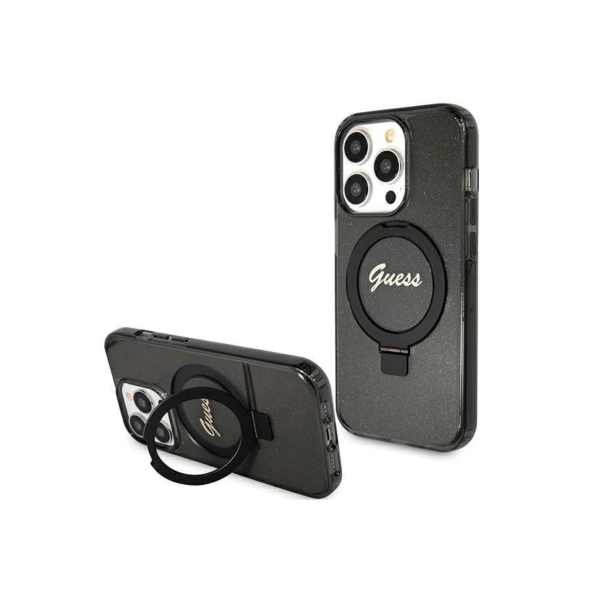IPHONE 15 PRO MAX TPU GUESS RING STAND SCRIPT GLITTER MAGSAFE BLACK 3698