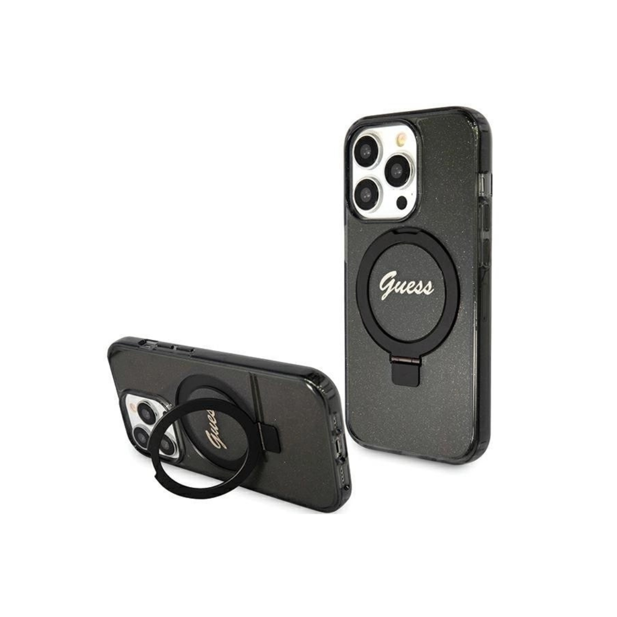IPHONE 15 PRO MAX TPU GUESS RING STAND SCRIPT GLITTER MAGSAFE BLACK 3698