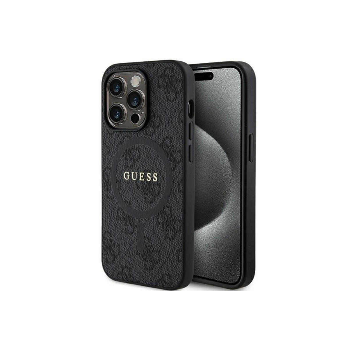 IPHONE 15 PRO TPU GUESS 4G COLLECTION LEATHER METAL LOGO MAGSAFE BLACK 3708