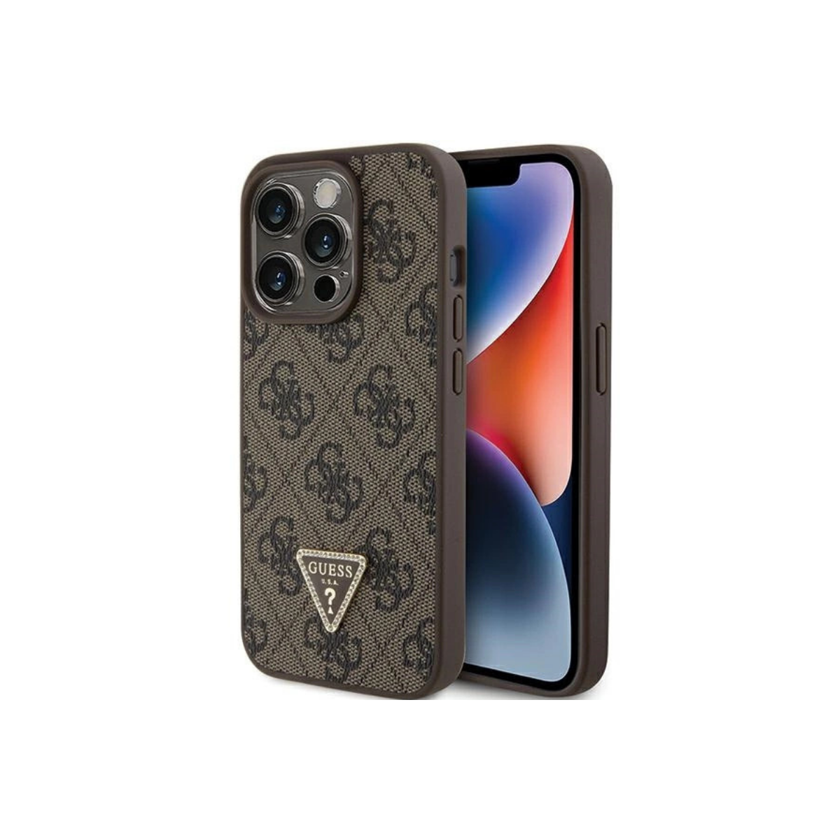 IPHONE 15 PRO TPU GUESS HARDCASE LEATHER 4G TRIANGLE STRASS BROWN 3693